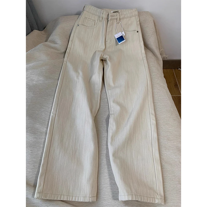 春夏新款宽松直筒牛仔裤女设计感纹理高腰显瘦杏色百搭窄版阔腿裤