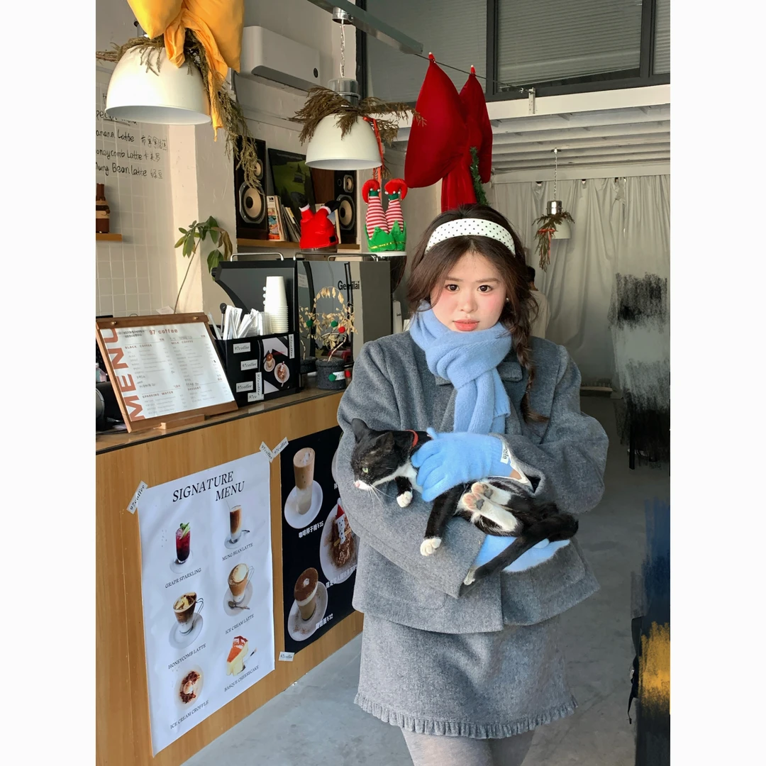 【现货】大头婷冬季羊毛外套夹棉蝴蝶结上衣高腰半裙套装