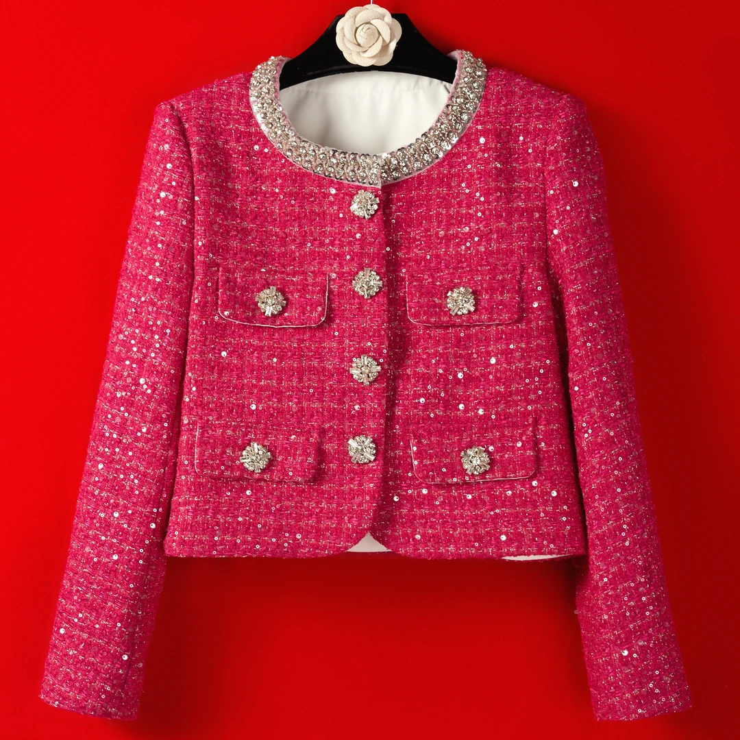 【艳芒星】新款重工高级时尚轻奢上衣火龙果玫红色女装小香风外套秋