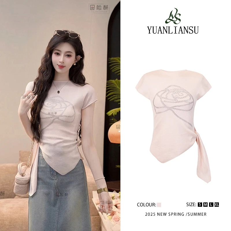 YUANLIANSU/圆脸酥【樱花物语】甜美风减龄圆领显瘦短袖t恤女1695
