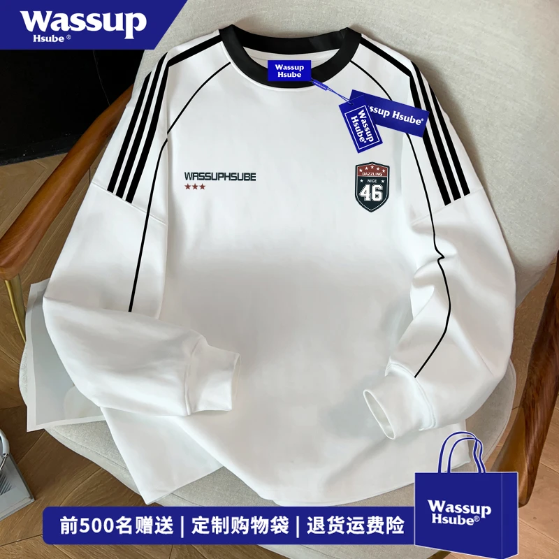 WASSUP HSUBE秋季潮流简约纯棉上衣男女美式字母印花条纹长袖T恤