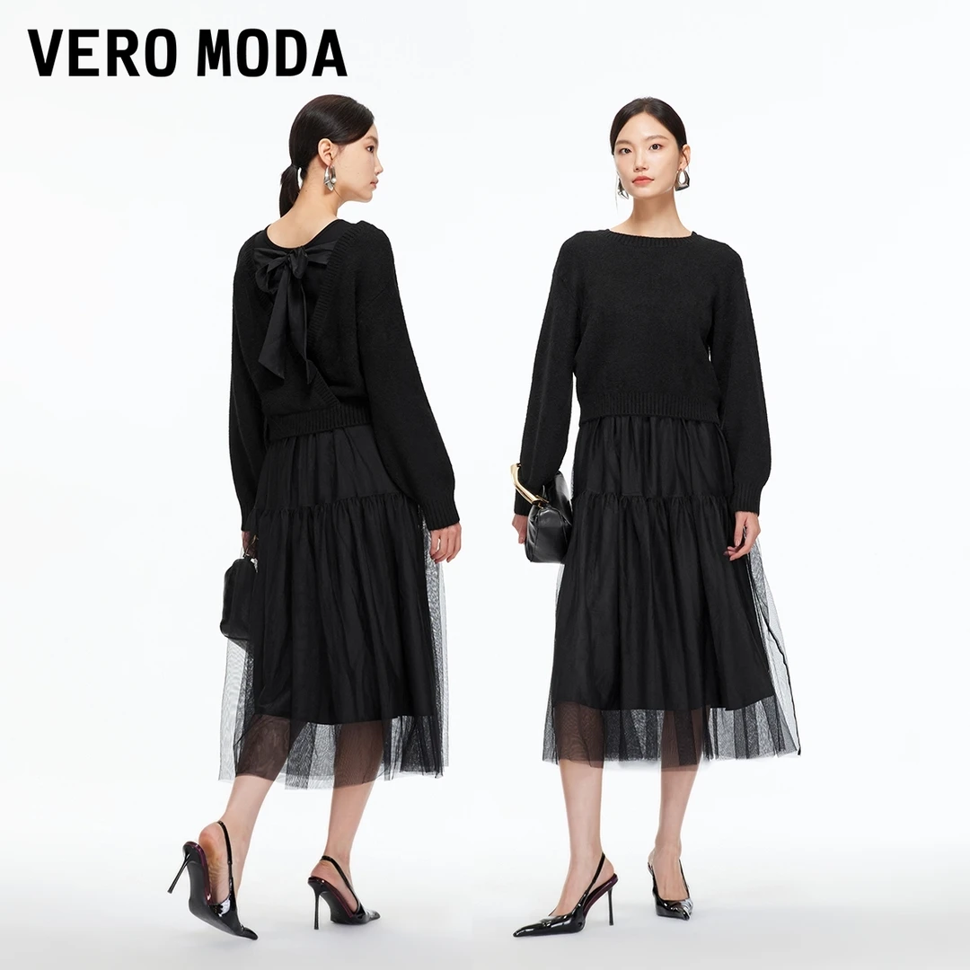 Vero Moda连衣裙25冬季新款真两件圆领后背绑带针织纱裙32547D014