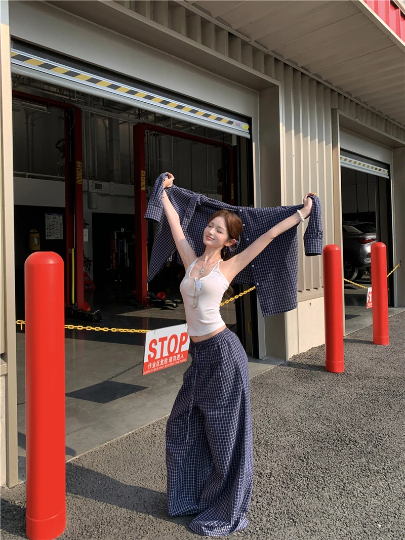 松弛感时尚衬衫防晒外套休闲直筒阔腿长裤套装女#3750