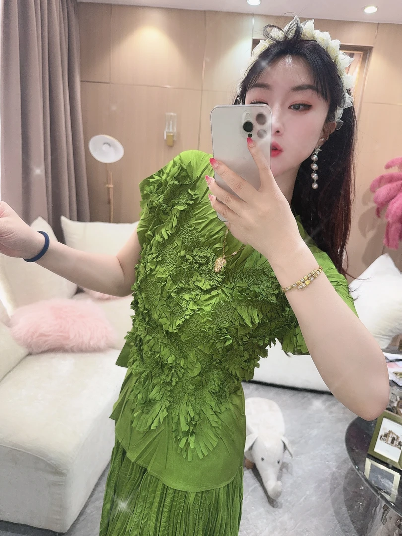 DC【莫奈睡莲】新款短袖时尚纯色褶皱气质网红上衣半裙