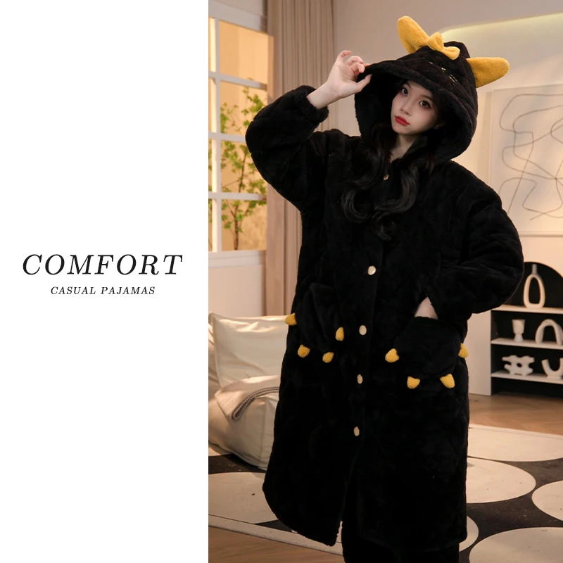 三层夹棉睡袍女士冬加厚加绒珊瑚绒保暖连帽出门法兰绒家居服套装