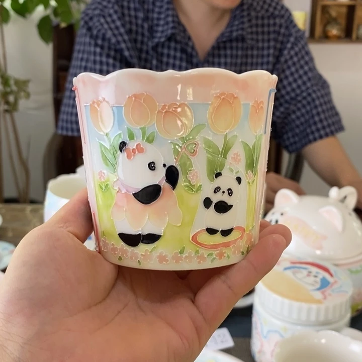 豹***猫瓷片景德镇釉下彩手绘带把手
