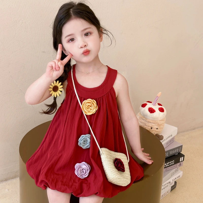 红山茶！夏季新款女宝宝度假风显白洋气高级感花苞背心裙公主裙