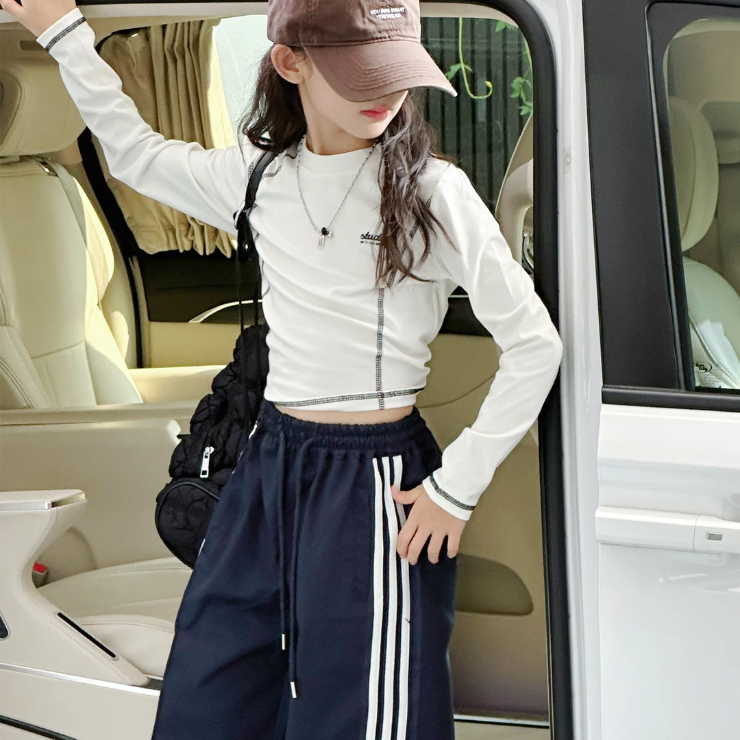 女童秋季长袖T恤2025秋季洋气女童纯色打底衫百搭贴身T恤58092