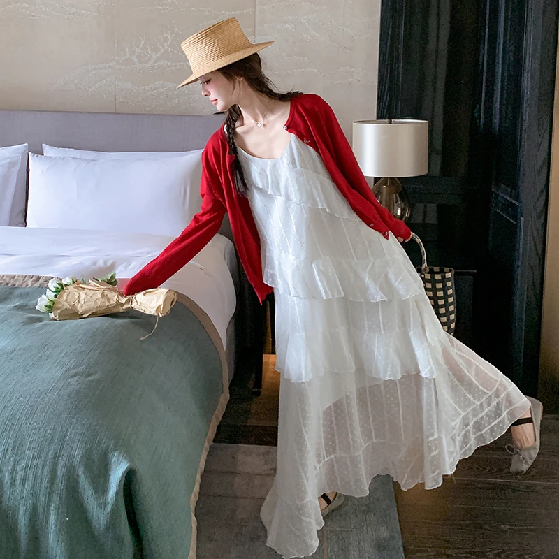 法式浪漫白色荷叶边吊带裙女2025夏新款仙气飘飘度假风长裙到脚踝