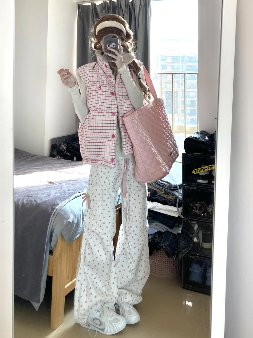 学院风2025新款美式复古加厚冬季韩版两面穿马甲印花棉服外套女