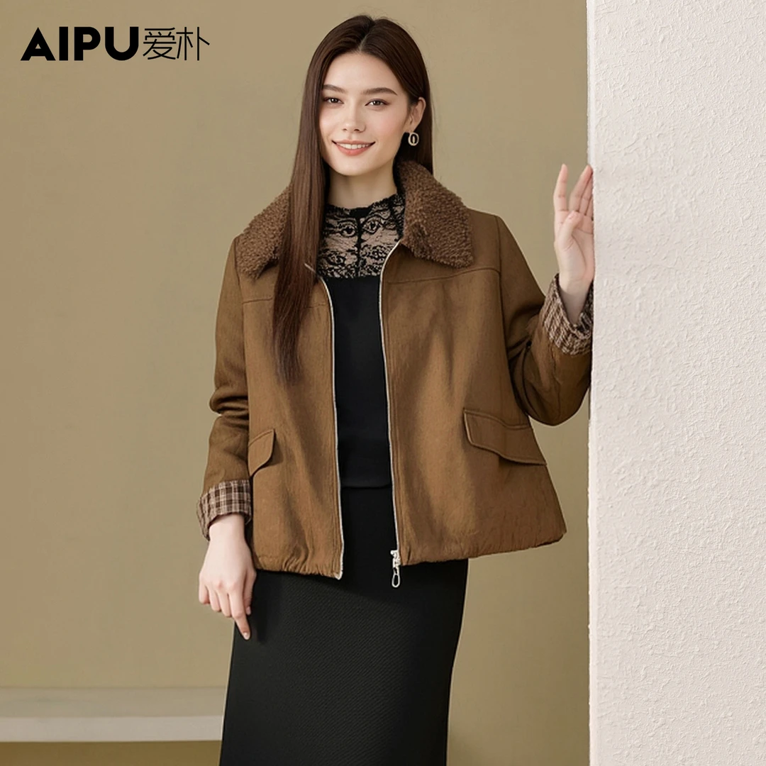 爱朴大码女装冬季新款时尚洋气保暖厚款翻领遮肉显瘦短外套77203