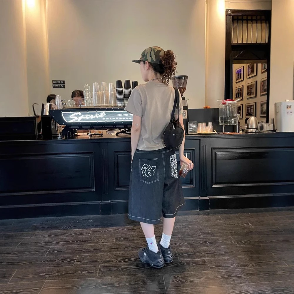 大码美式刺绣牛仔短裤新款高腰宽松阔腿嘻哈百搭休闲五分长裤子潮