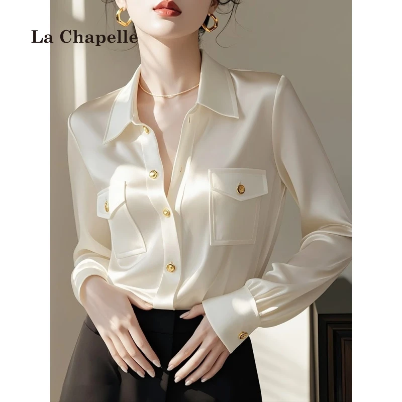 拉夏贝尔法式polo领白色长袖衬衫女设计感小众春秋季独特别致上衣
