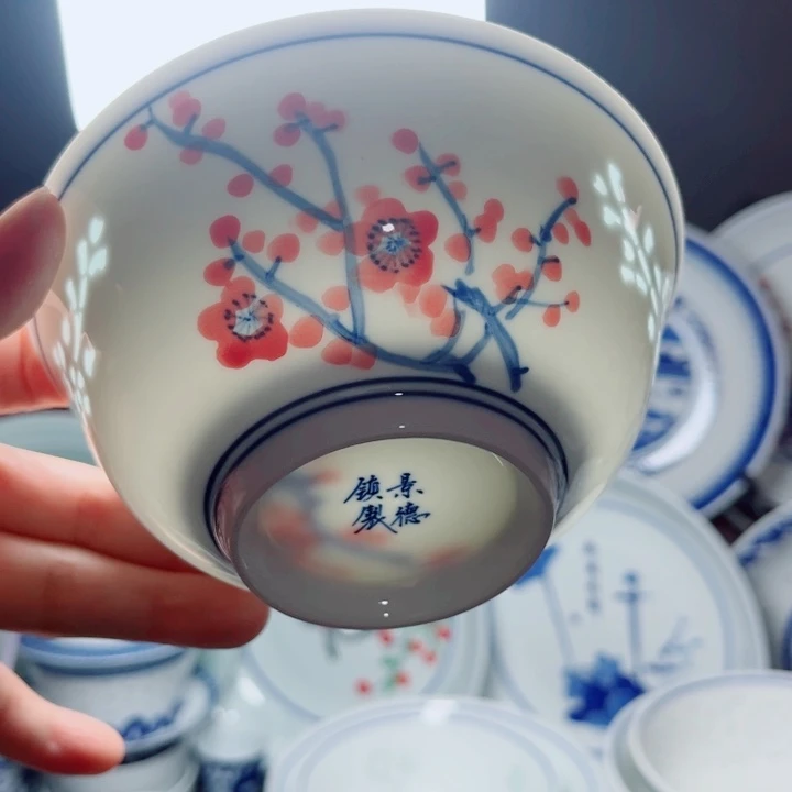 青花玲珑5寸饭碗手绘喜上眉梢