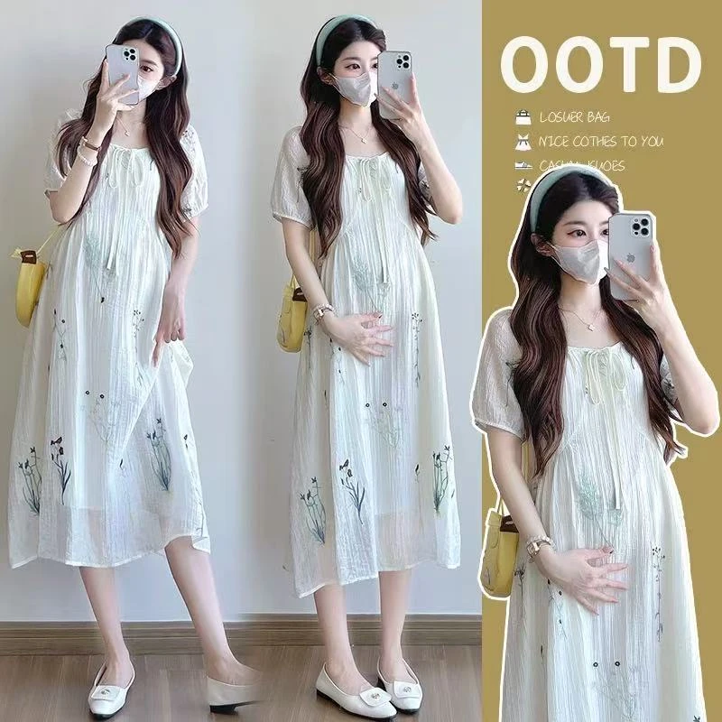 孕妇夏装法式高级感长裙2025新款短袖气质裙子重工刺绣碎花连衣裙