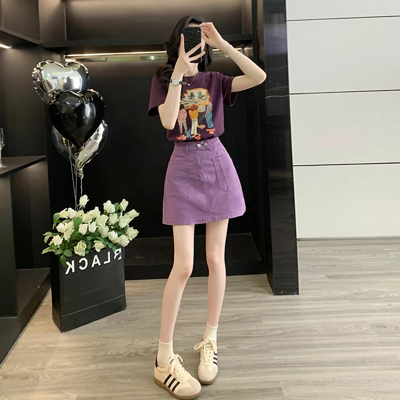 洋气高级感紫色短袖T恤女2025夏季新款上衣a字半身牛仔半裙短裙子