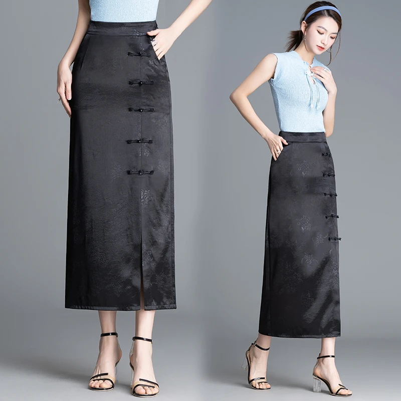 黑色垂感醋酸新中式半身裙2025春夏秋新国风包臀开叉长裙旗袍半裙