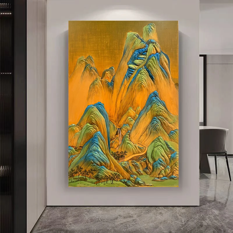 千里江山图玄关客厅沙发背景墙卧室手绘肌理砂岩装饰油画2025新款