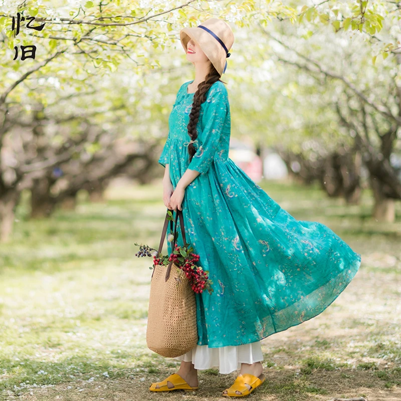 现货967苎麻印花连衣裙女早春新款宽松显瘦长裙新中式气质绿色裙