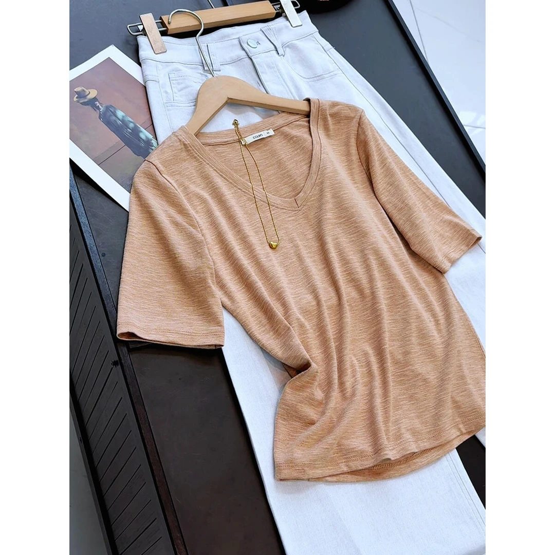夏季新款百搭休闲正肩v领短袖纯色简约大方T恤