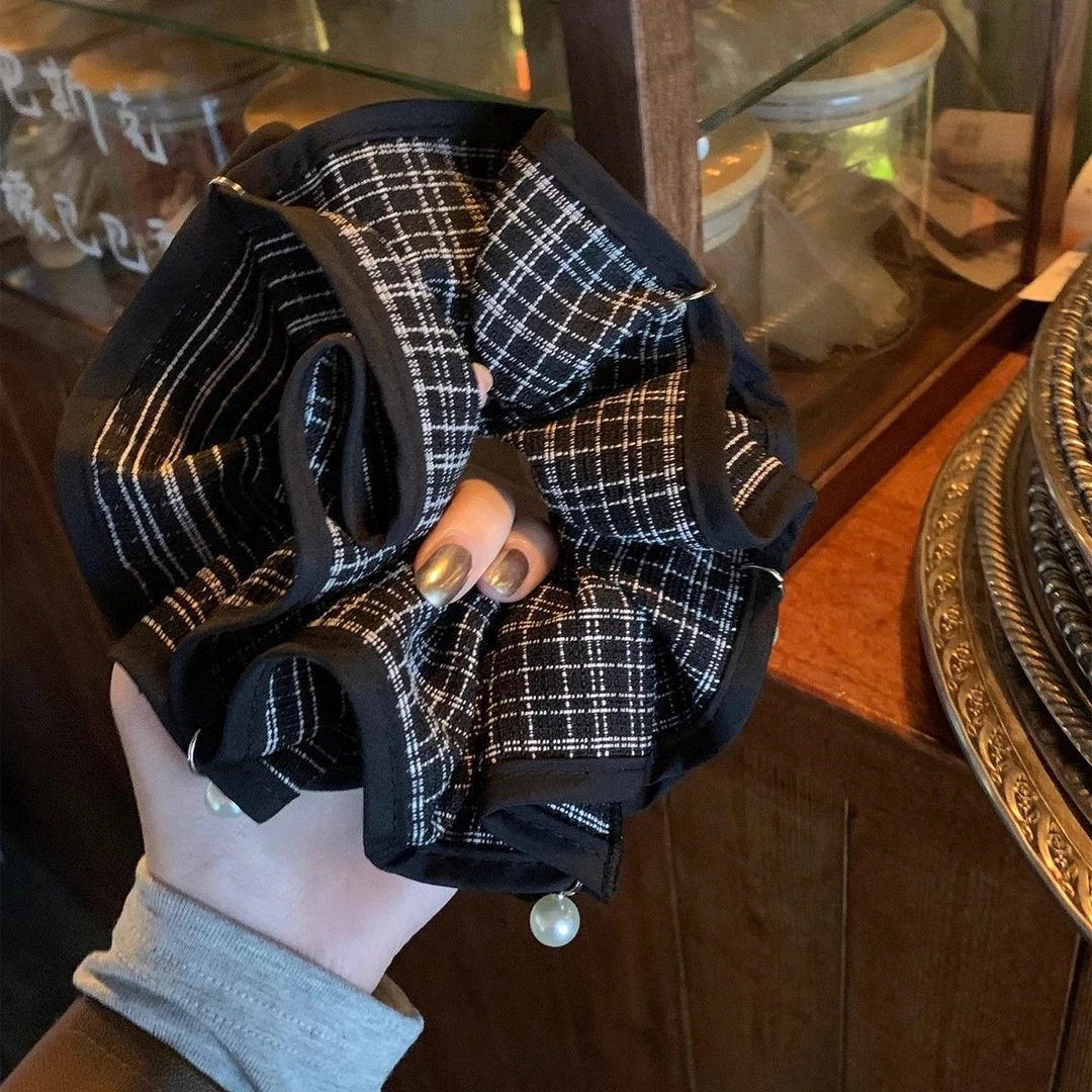 黑白格纹复古时尚大肥肠圈小香风甜美褶皱花苞发圈头花发饰发绳