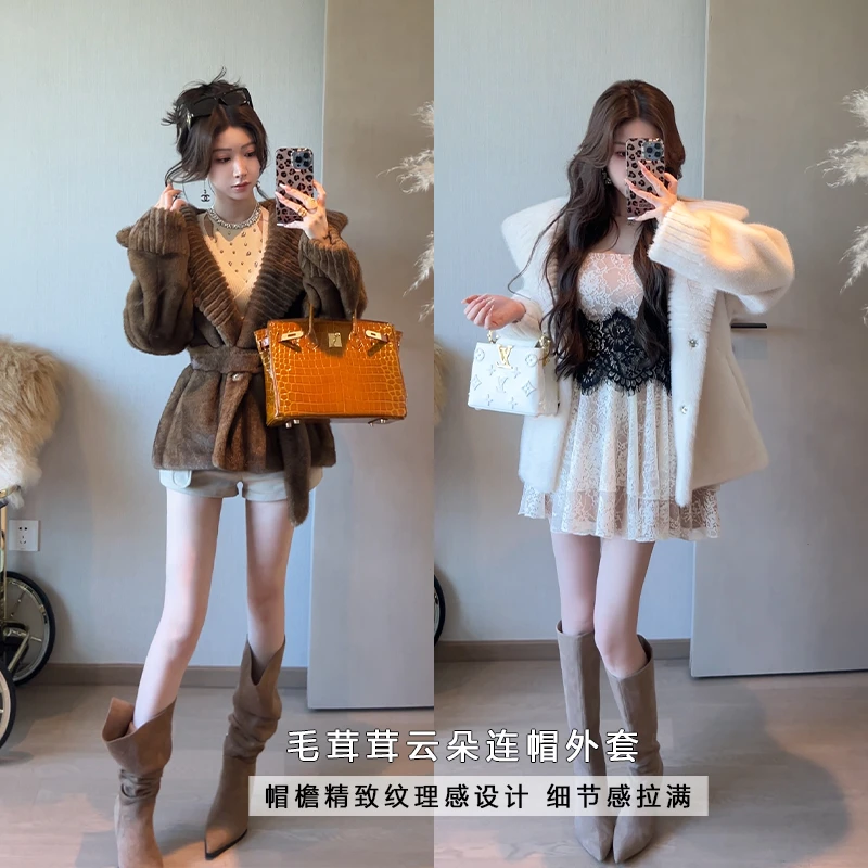 小雨姐姐【雪国女主】休闲时尚长袖柔暖系带连帽厚外套女秋冬新款