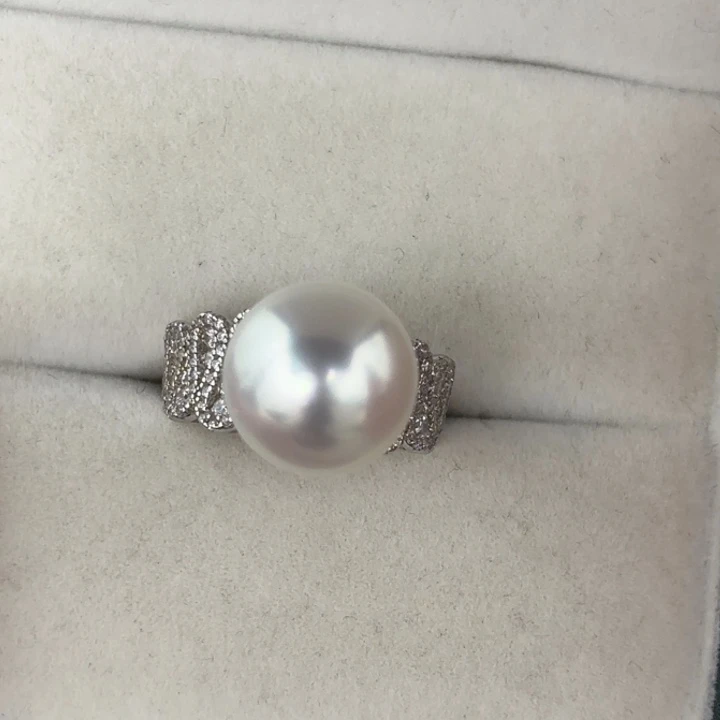 定制海水珍珠银S925镶嵌戒指/指环13-14mm澳白银蓝光戒指一颗