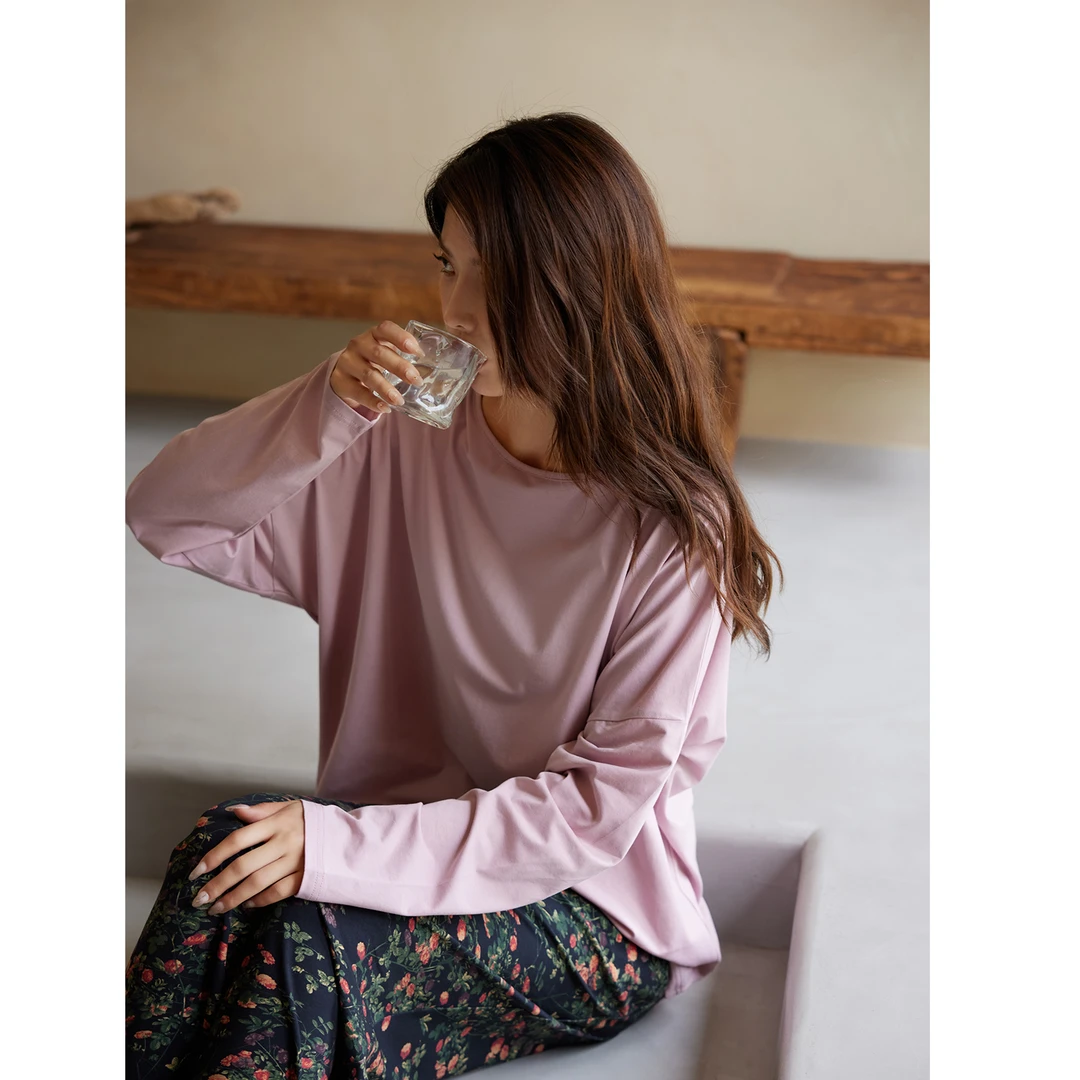 美腾抗菌睡衣女款春秋季柔软棉圆领长袖长裤套装宽松家居服可外穿