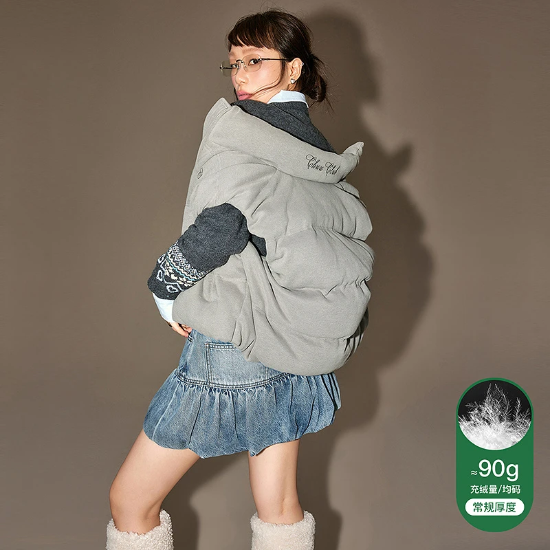002W【金拐子专属】CHUU字母刺绣90白鸭绒韩系复古面包服马夹-F