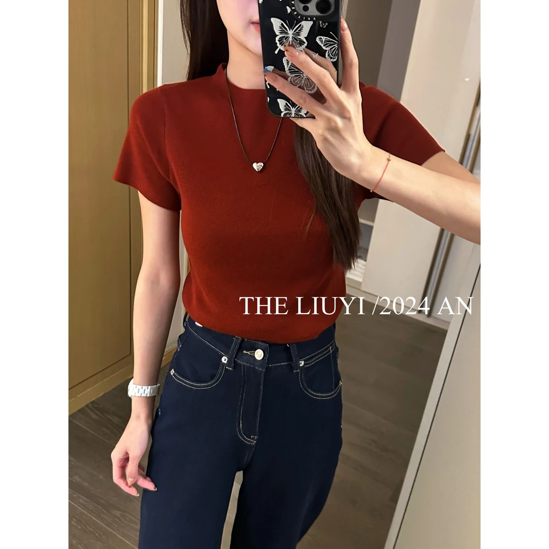 【LIUYI】漂亮姐姐~秋季立领短袖针织衫羊毛混纺上衣48172