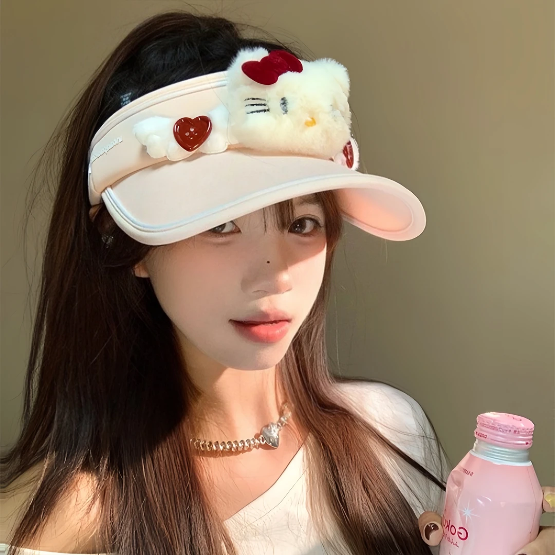甜美可爱卡通Kitty猫空顶帽女夏防紫外线遮阳防晒帽无顶鸭舌帽子