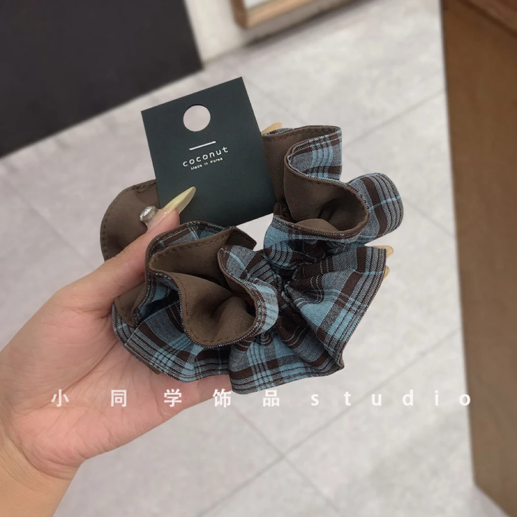 韩国发饰2025秋冬新款精致蓝咖色格子布艺小蛮腰发圈发绳头绳头饰