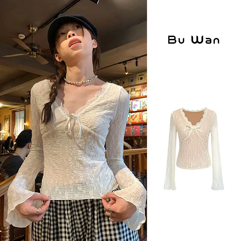 蕾丝大V领长袖打底衫早春气质时尚长袖百搭上衣休闲3191