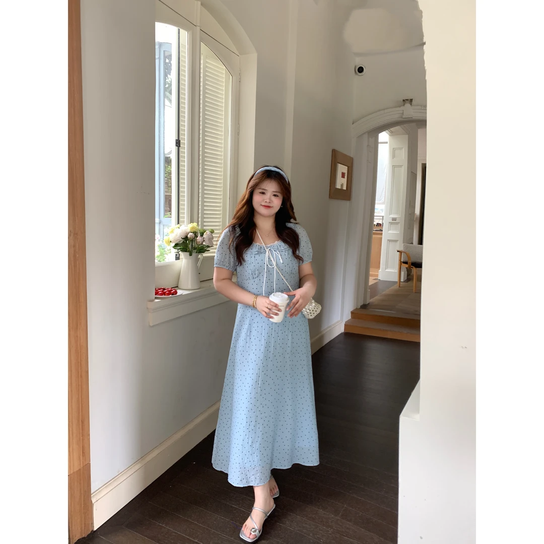 现货【海盐波点】大头婷丫丫微胖夏季连衣裙波点花边圆领短袖长裙