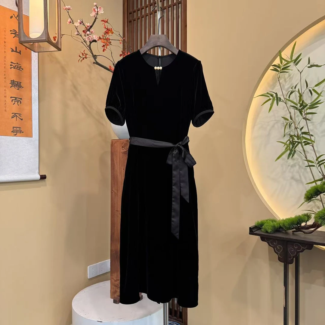 【蒂素丝绸】千金风小V串珠100%桑蚕丝短袖开叉显瘦连衣裙图  590