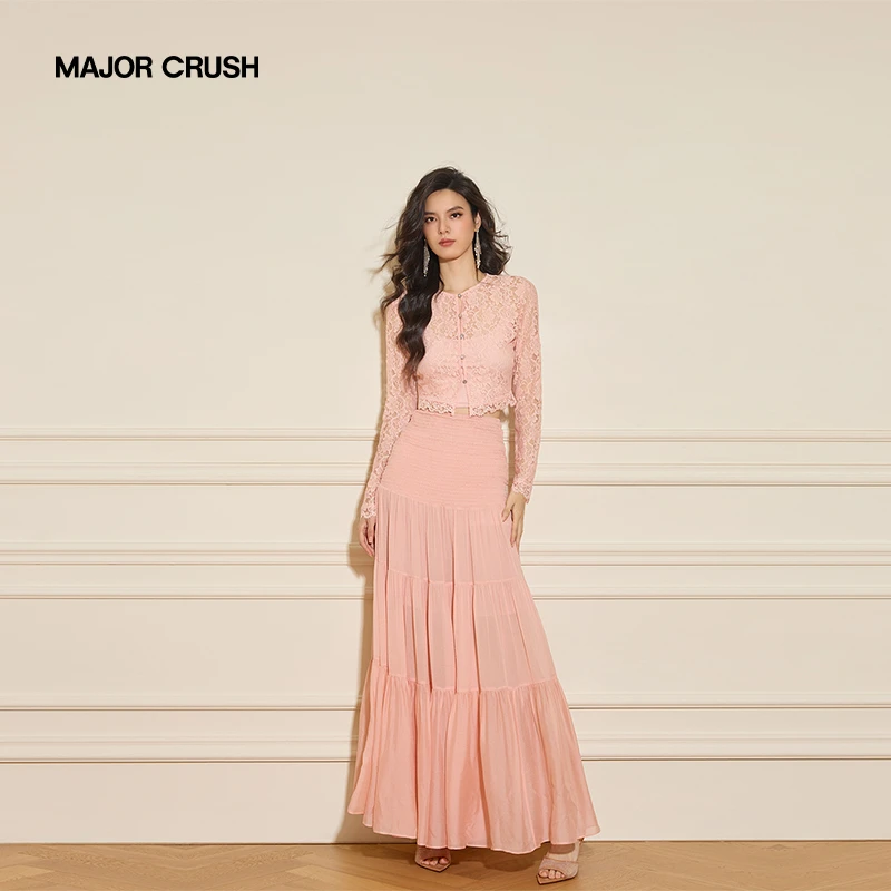 MAJOR CRUSH秋季新款气质显瘦高腰薄款名媛粉色游记套裙68129