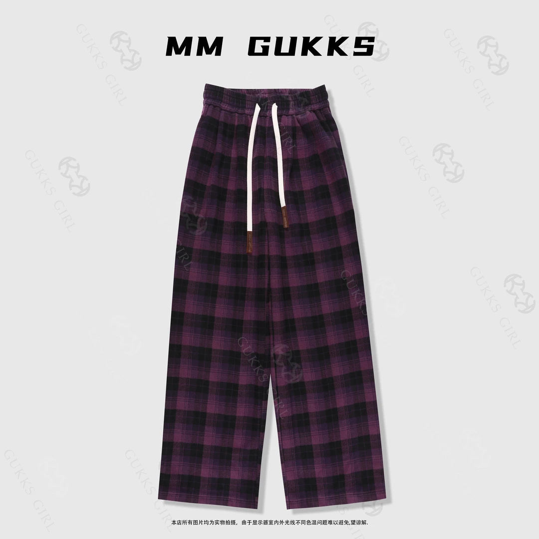 GUKKS复古休闲格子裤女秋冬新款显瘦收腰设计阔腿裤芋泥波波