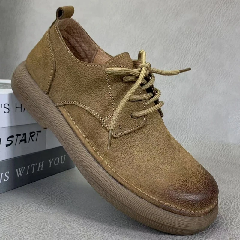 新款男士真皮复古大头鞋男宽肥脚低帮系带磨沙牛皮英伦风潮流男鞋