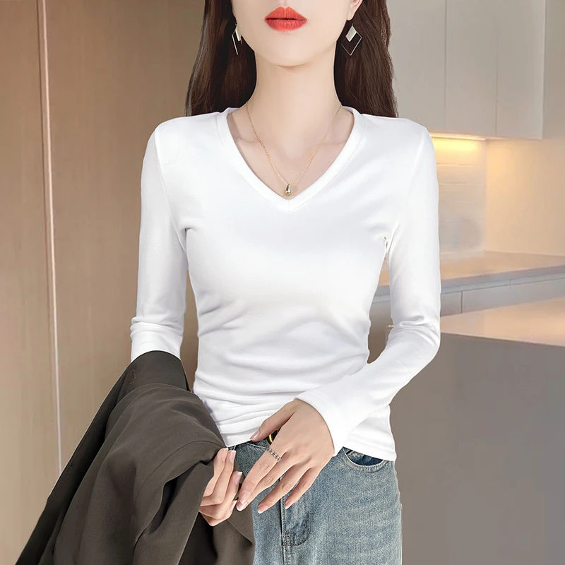 春秋冬季新款修身白色长袖t恤女装内搭V领正肩上衣百搭棉打底衫女