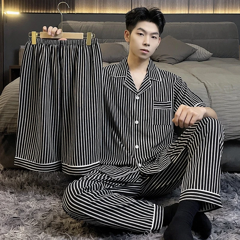 冰雪丝睡衣男夏季大码短袖长裤新款三件套休闲宽松薄款家居服