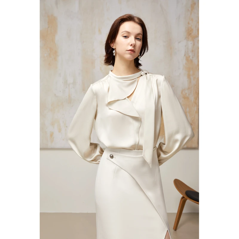 【李家大小姐专属】恩曼琳春季新款气质不对称飘带领缎面光泽感衬衫