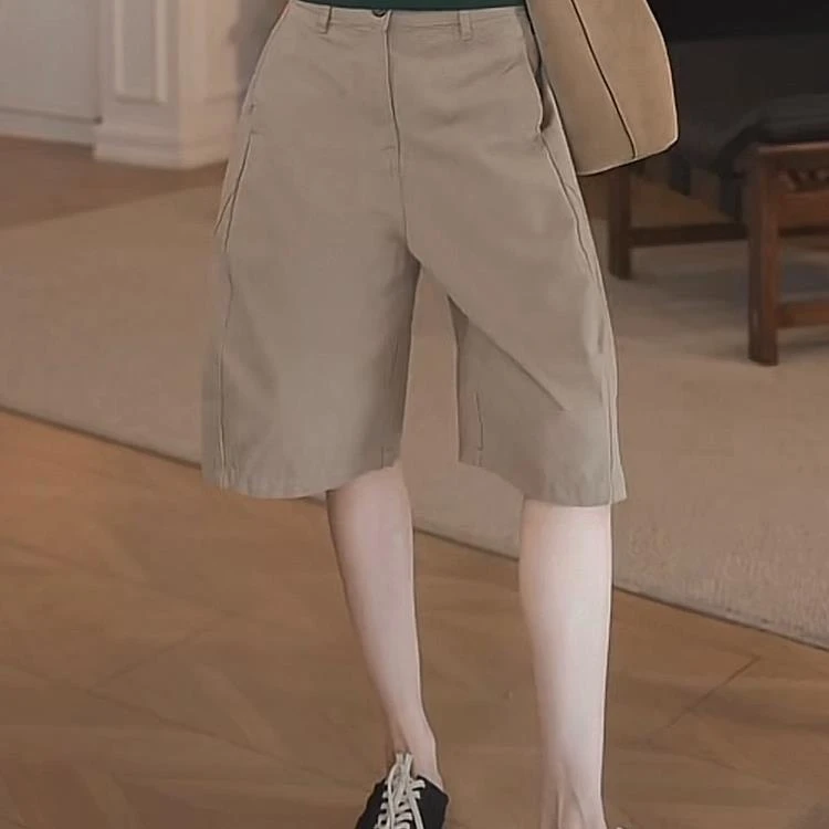 SU 100棉 复古纯色基础款工装立裁休闲气球五分裤女宽松显瘦中裤