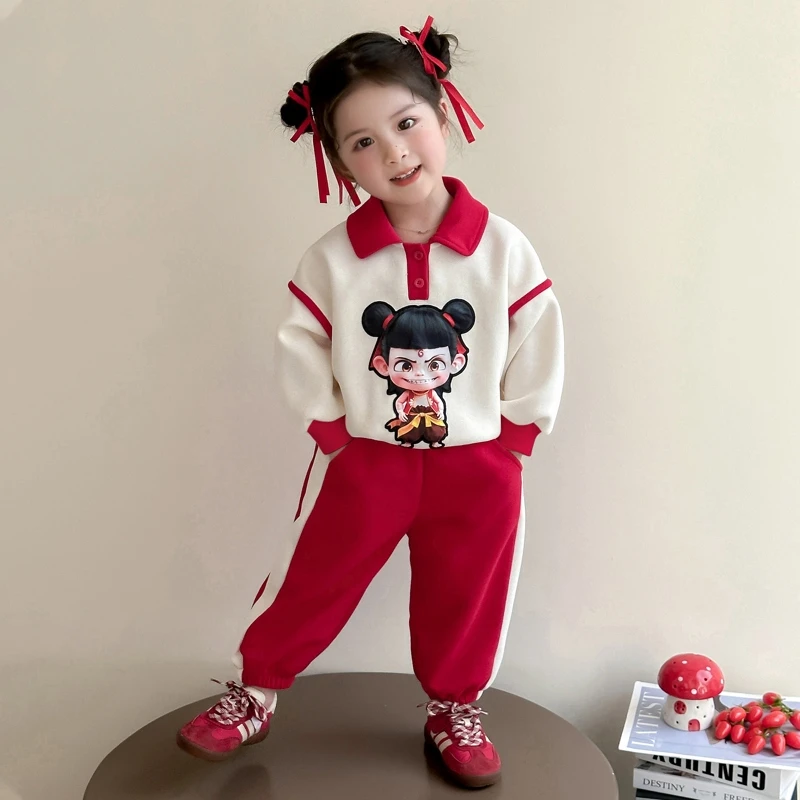 小哪吒儿童服装女宝秋装polo领卫衣套装2025新款女童发光亮灯衣服