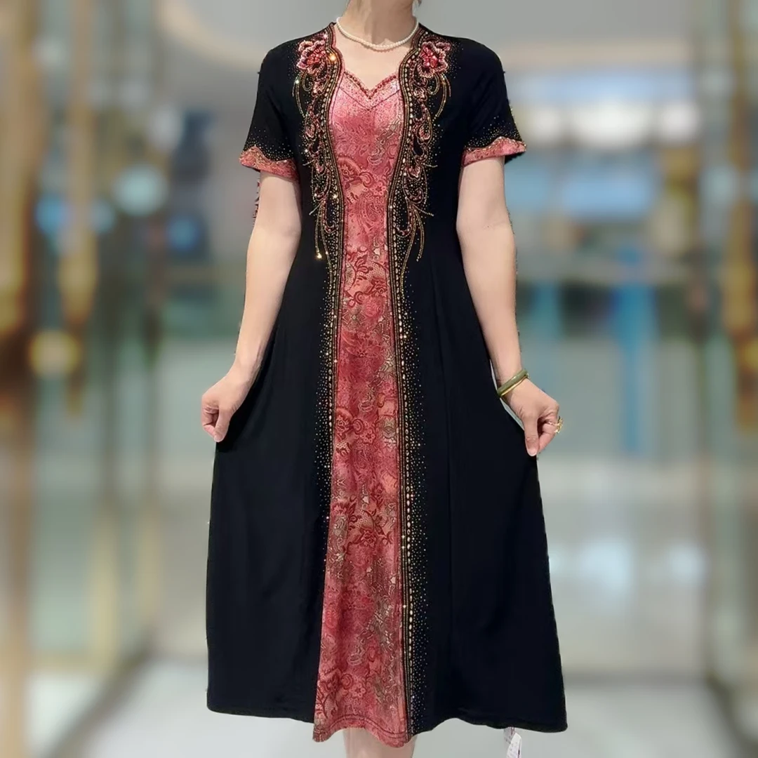 LLS夏季新款大码连衣裙高贵优雅气质修身显瘦中老年妈妈装A字裙