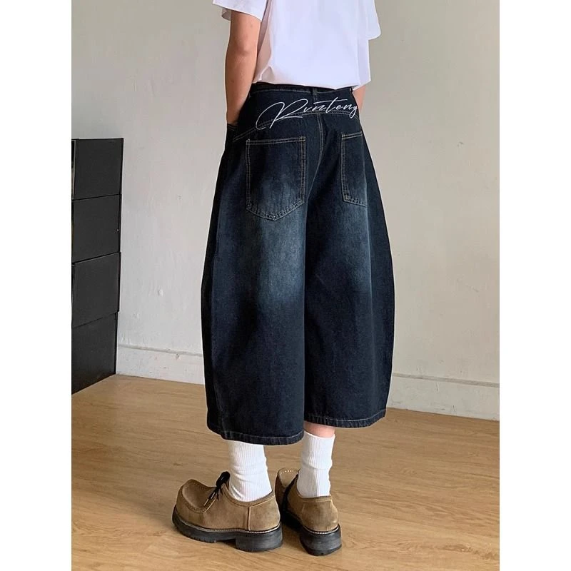 美式复古字母刺绣弯刀牛仔七分裤男女休闲宽松阔腿慵懒梨形短裤