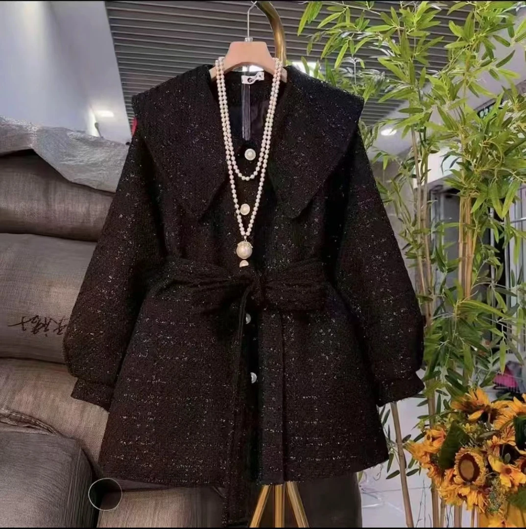 菲菲家大码新款加厚中长款娃娃领泡泡袖百搭外套8911