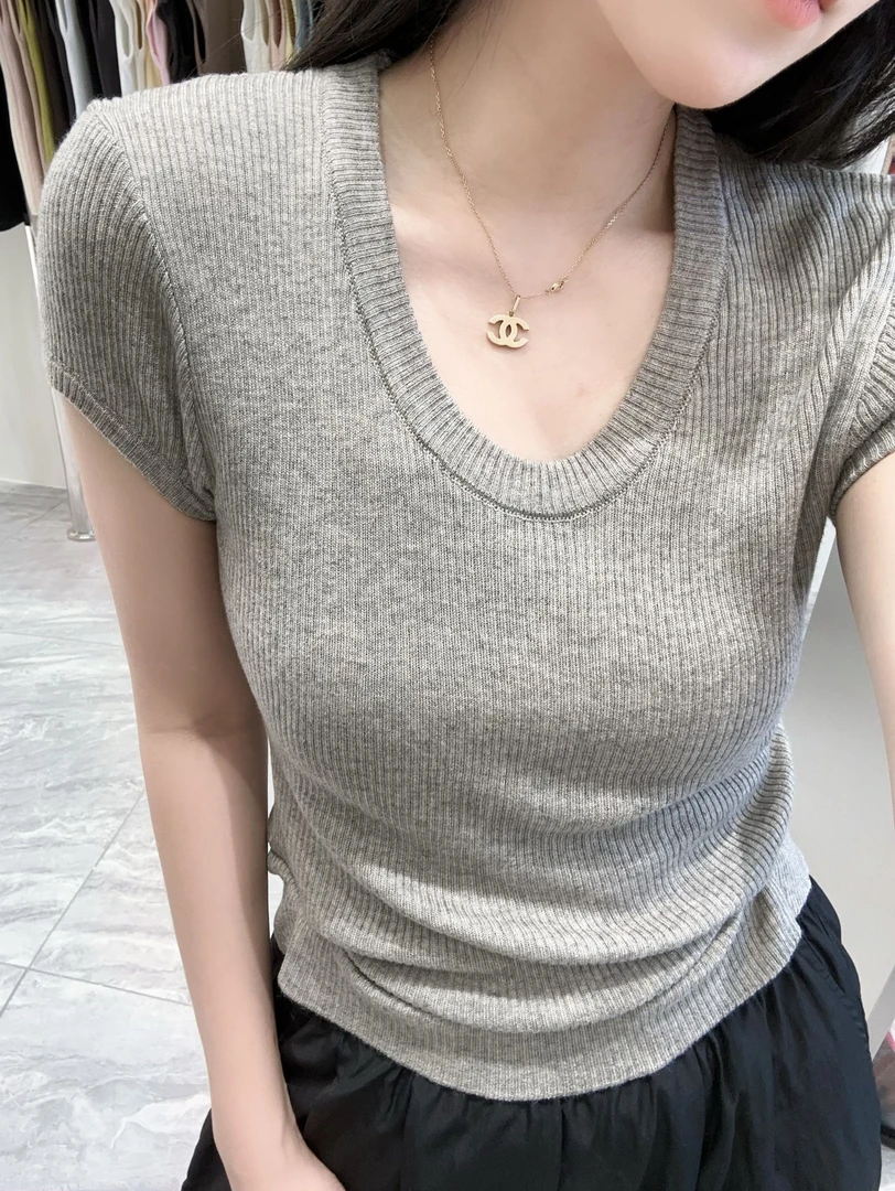 夏季新款u领小香风针织衫女百搭修身显瘦气质软糯亲肤短袖T恤上衣