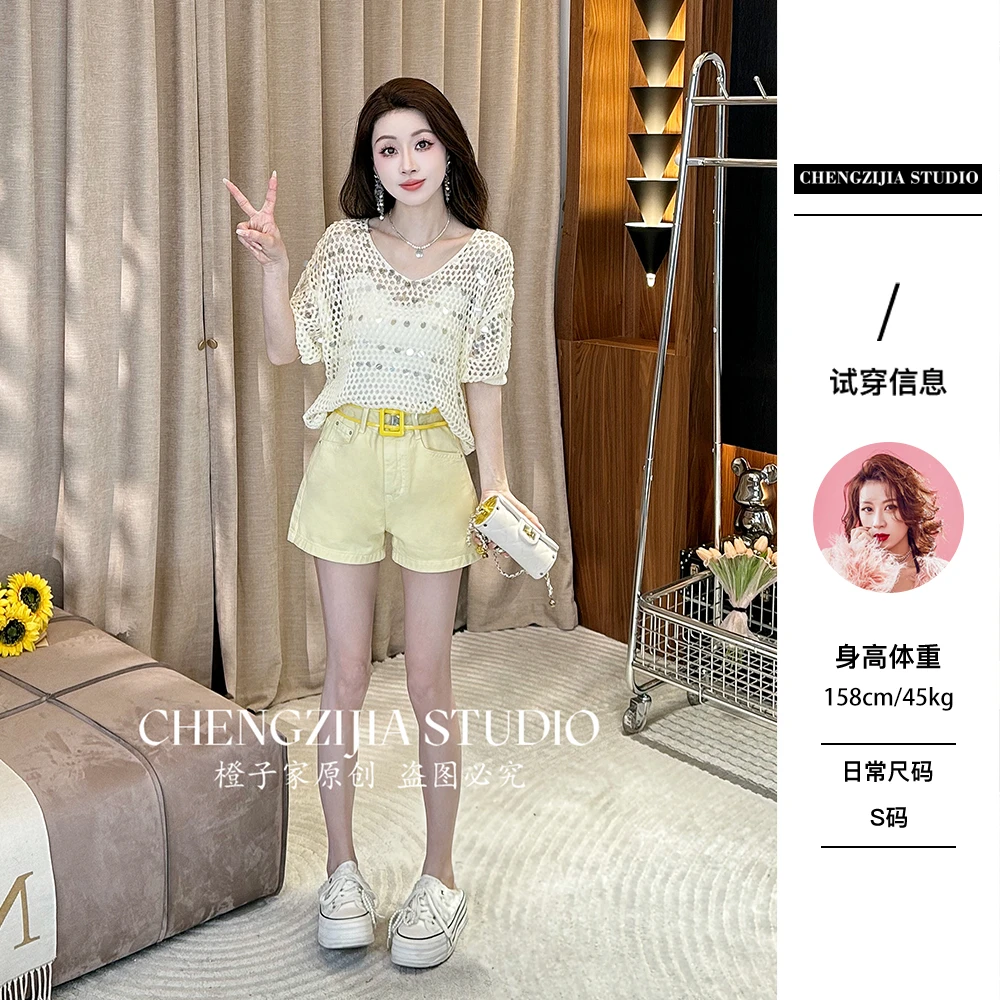 【裴诗婷】橙子·studio【金闪闪】TX00071亮片镂空短袖T恤上衣