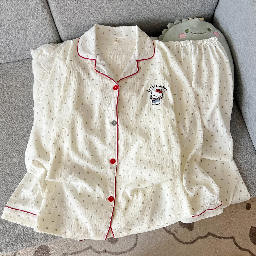 卡通牛仔KT猫可爱睡衣女春秋季长袖长裤翻领开衫甜美少女家居服