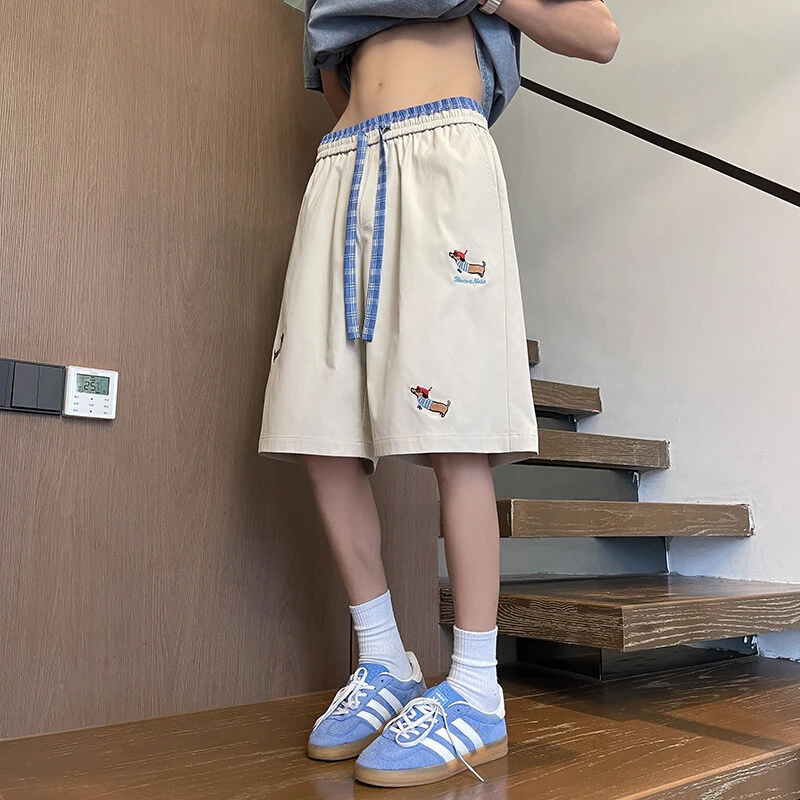 夏季新款美式格子刺绣短裤港风学生腊肠狗设计感直筒五分裤